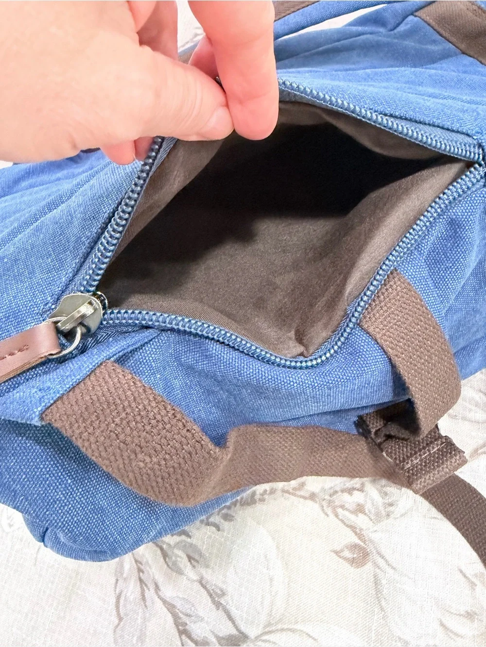 Blue Canvas Laptop Backpack Roll Top Leather Strap Travel School Hiking Bag